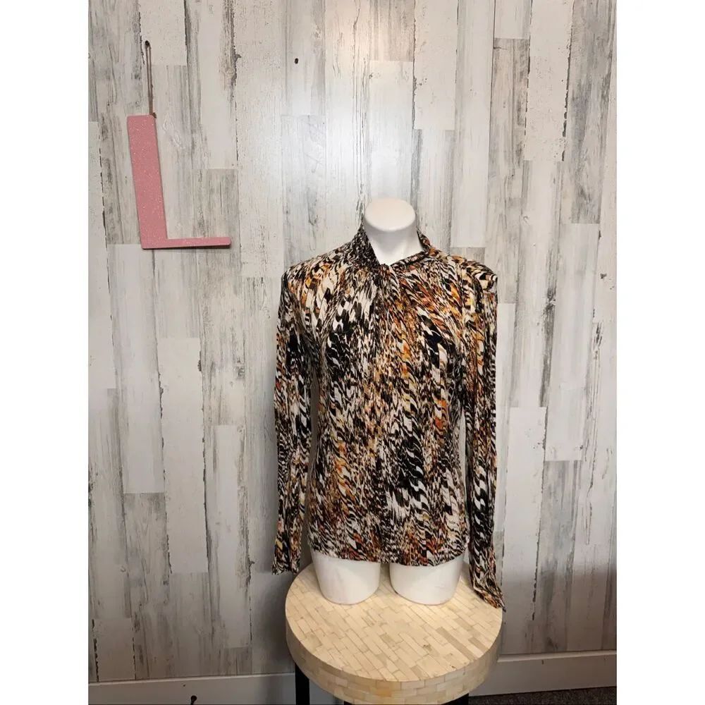 Cable & Gauge Animal Print Mock Neck Blouse Womens Size Large L Long Sleeve Top